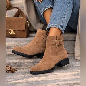 Vionic Jill Bootie Suede Ankle Boots Tan Buckle Comfort Lug Sole Size 9